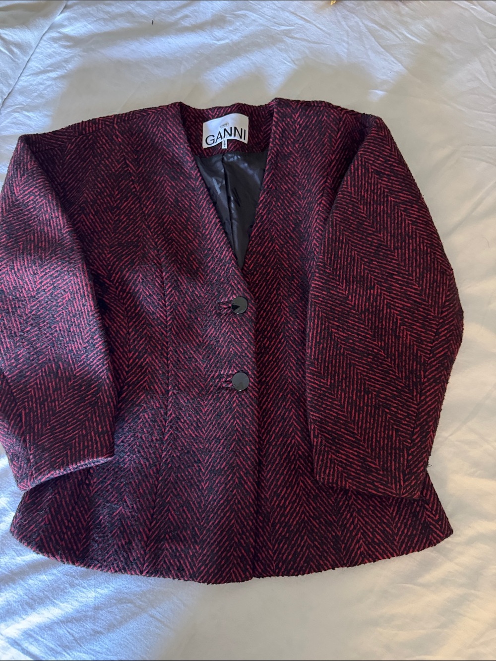 Ganni Burgundy and Black Herringbone Wool-Blend Blazer size 36